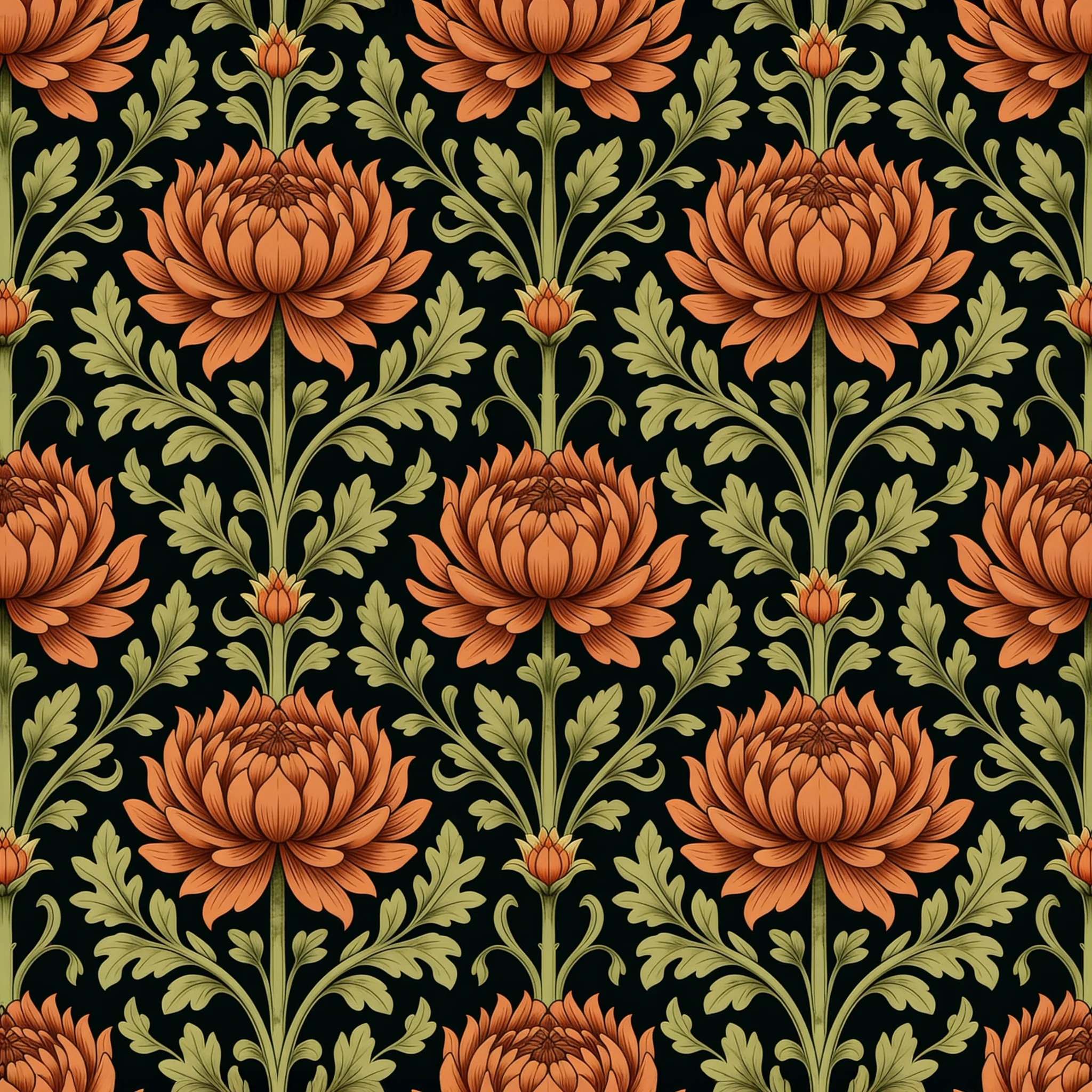 Symmetrical vintage chrysanthemum pattern featuring burnt orange flowers and olive green leaves on a dark black background in a Victorian botanical style.
