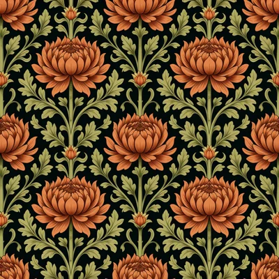 Symmetrical vintage chrysanthemum pattern featuring burnt orange flowers and olive green leaves on a dark black background in a Victorian botanical style.