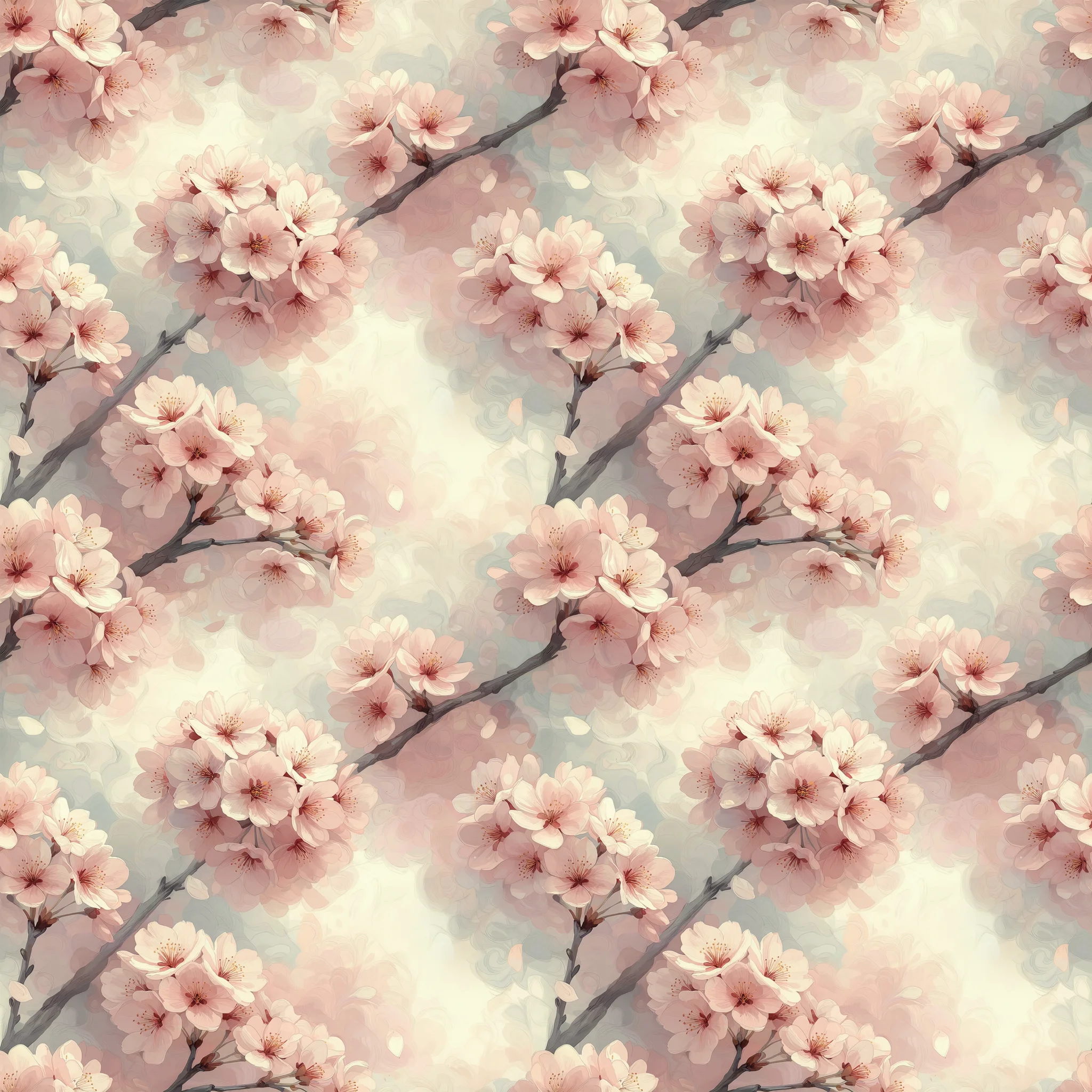 Soft pink cherry blossoms on delicate branches against a cream background with a dreamy watercolor effect