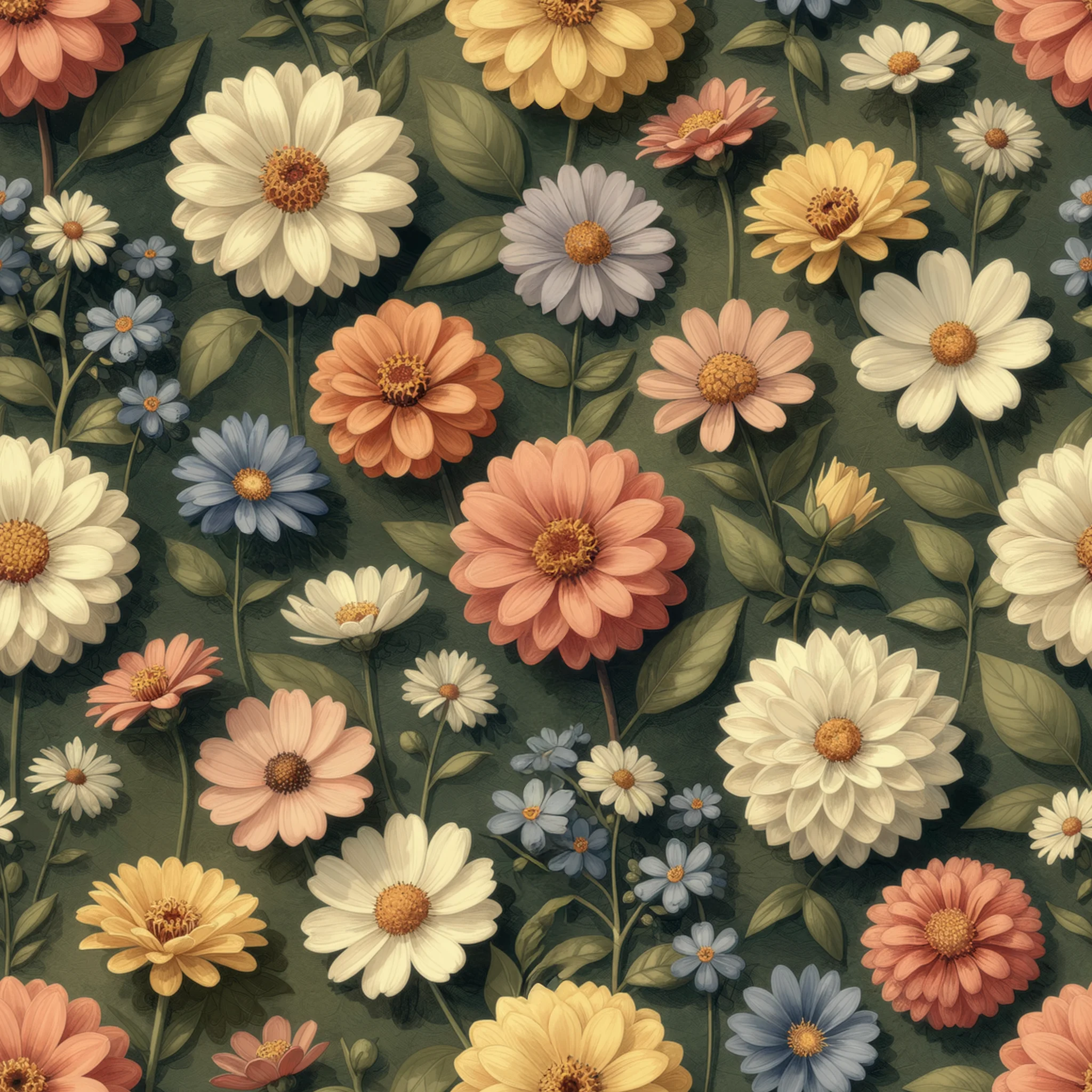 A botanical pattern of cream, peach, and muted blue wildflowers with sage green leaves on a dark forest green textured background.