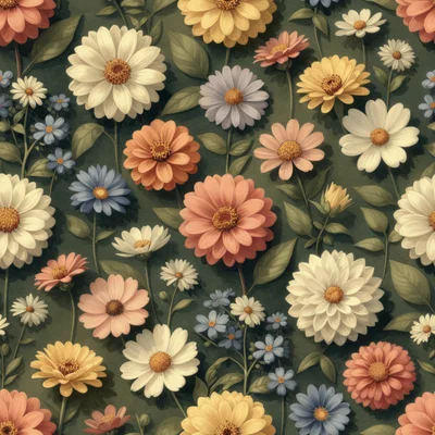 A botanical pattern of cream, peach, and muted blue wildflowers with sage green leaves on a dark forest green textured background.