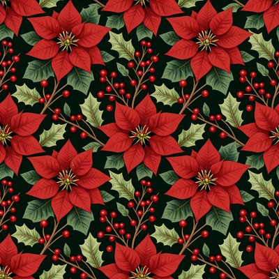 Symmetrical red poinsettia flowers with green holly leaves and clusters of red berries on a dark black background in a vintage botanical style.