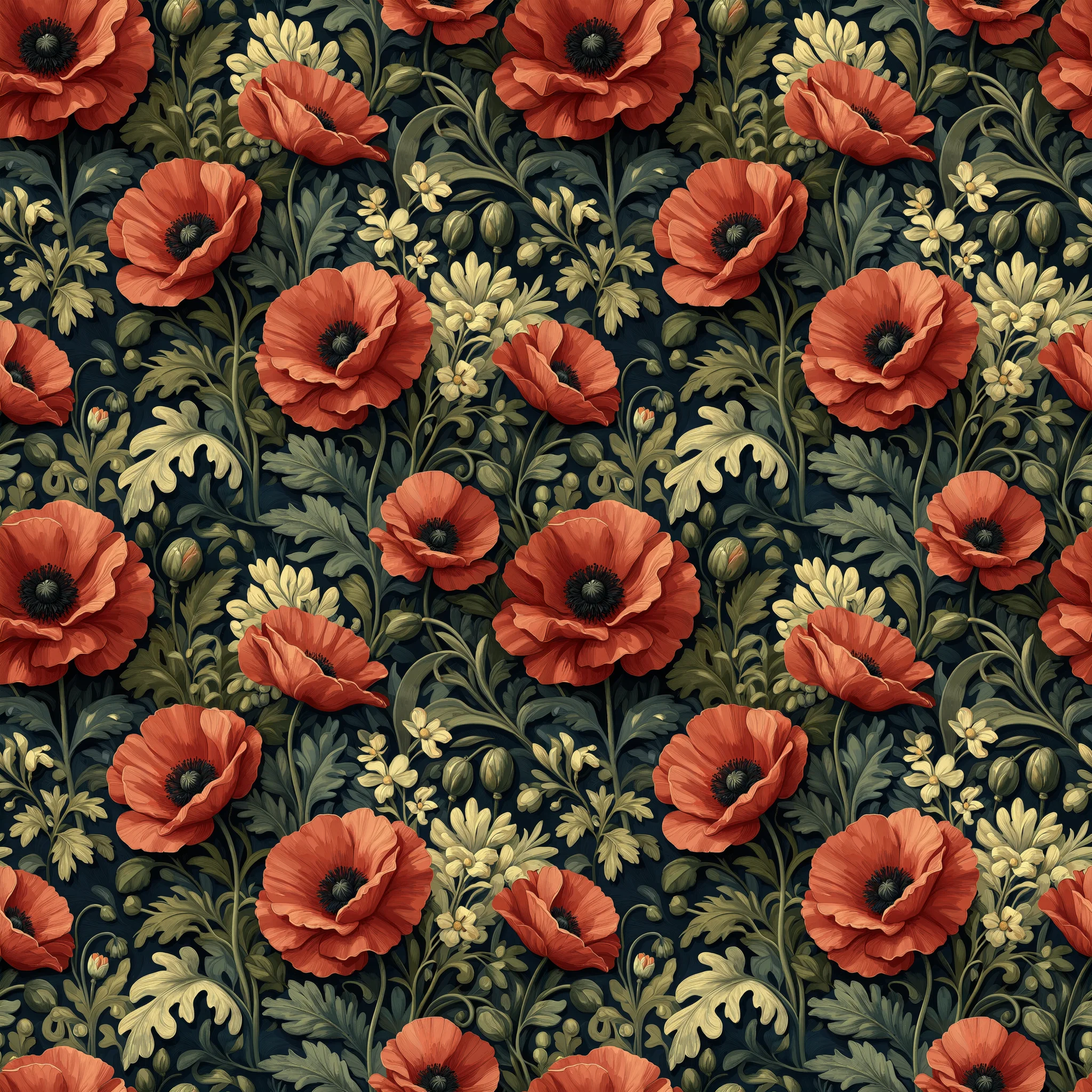 Coral red poppy flowers with dark centers and sage green leaves on a deep navy blue background