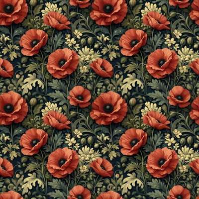 Coral red poppy flowers with dark centers and sage green leaves on a deep navy blue background