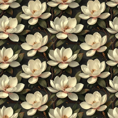 Cream colored magnolia flowers with dark green leaves on a charcoal black background in a seamless repeating pattern