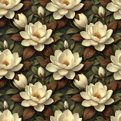 Cream colored magnolia blossoms with chocolate brown and sage green foliage on a dark botanical background