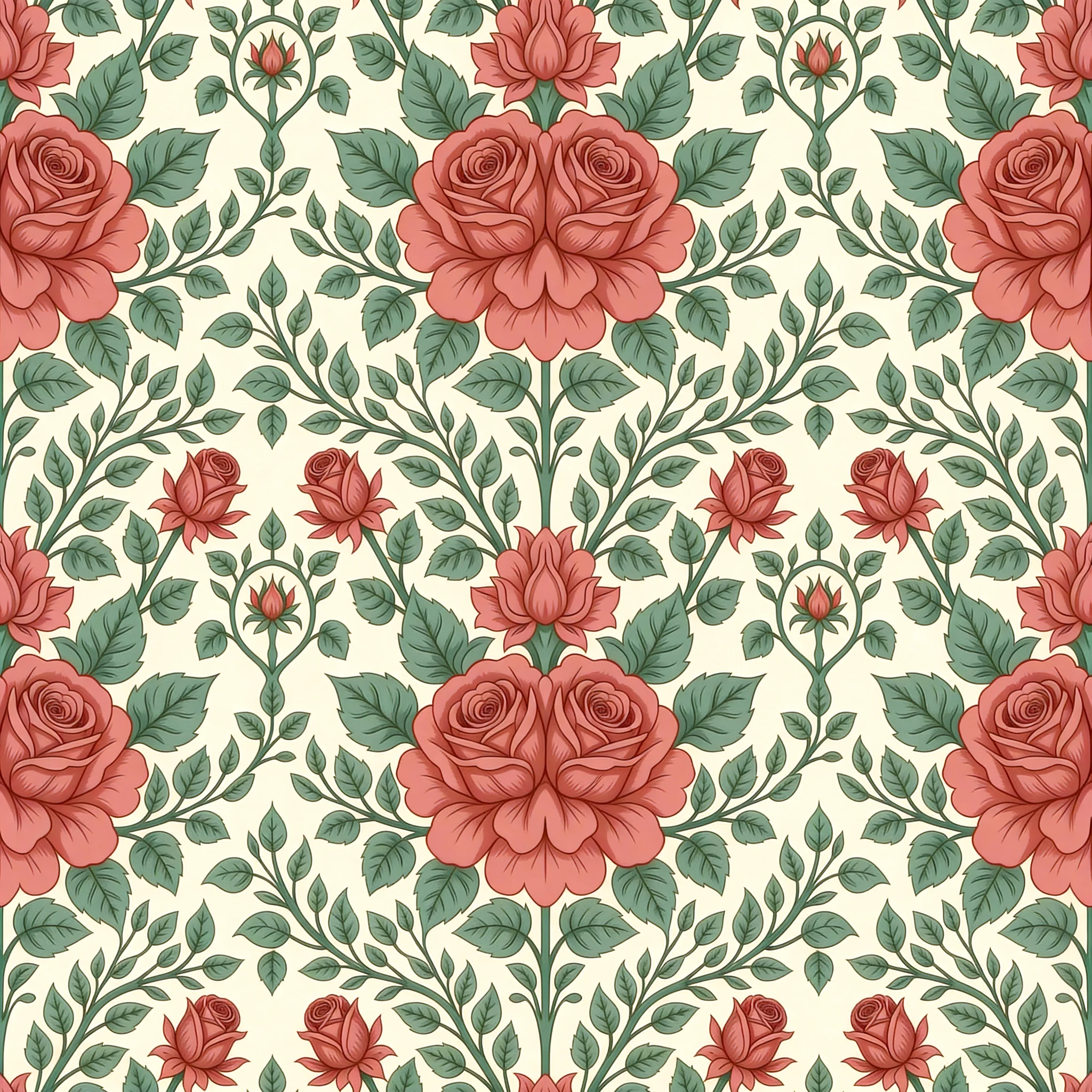 Symmetrical dusty rose floral pattern with sage green leaves on a cream background in a vintage Victorian style.
