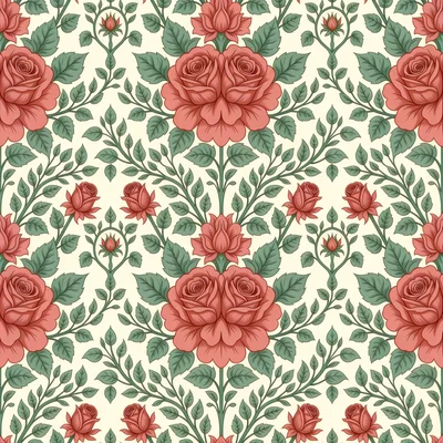 Symmetrical dusty rose floral pattern with sage green leaves on a cream background in a vintage Victorian style.
