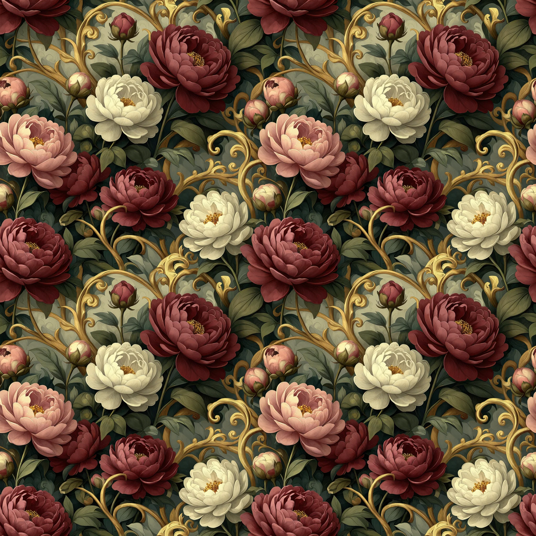Burgundy, blush pink, and ivory peonies intertwined with golden baroque scrollwork and dark green foliage on a moody teal background