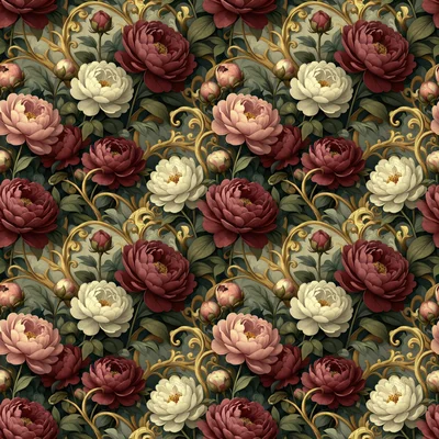 Burgundy, blush pink, and ivory peonies intertwined with golden baroque scrollwork and dark green foliage on a moody teal background