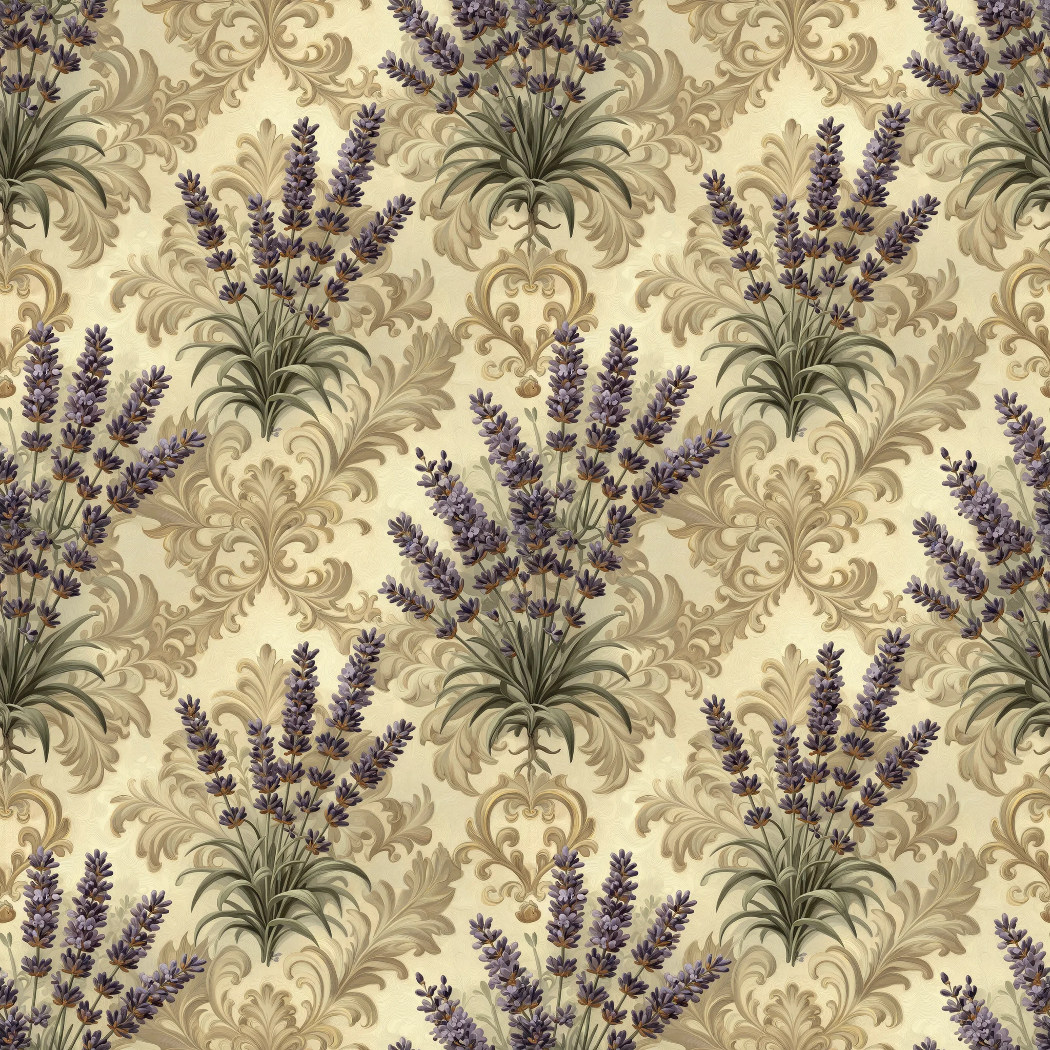 A repeating pattern of purple lavender flower sprigs with green leaves arranged on a cream background with ornate tan Victorian scrollwork and damask motifs
