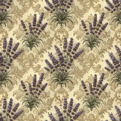 A repeating pattern of purple lavender flower sprigs with green leaves arranged on a cream background with ornate tan Victorian scrollwork and damask motifs