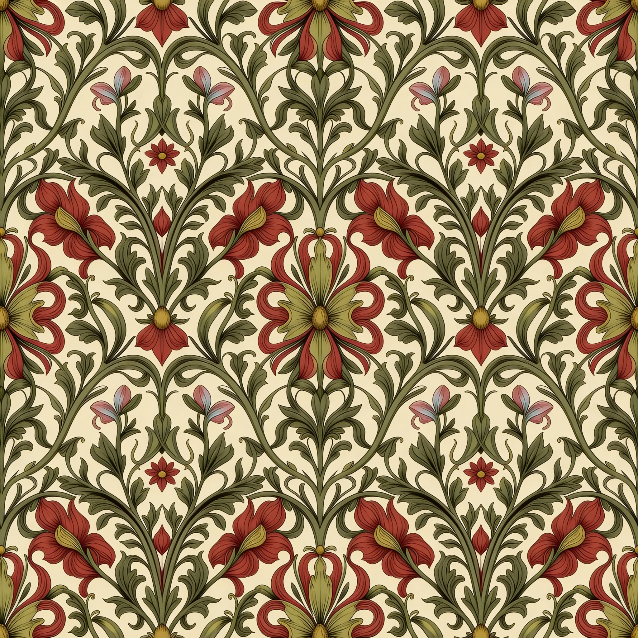 Symmetrical Art Nouveau floral pattern with red trumpet flowers and winding sage green acanthus leaves on a cream background.