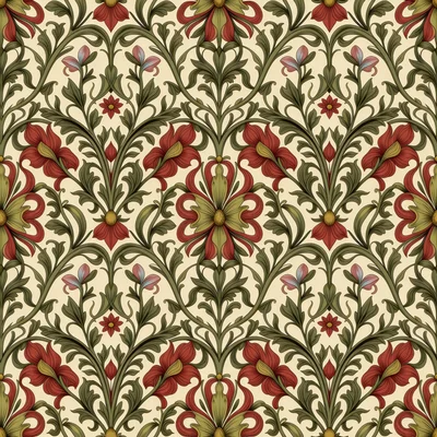 Symmetrical Art Nouveau floral pattern with red trumpet flowers and winding sage green acanthus leaves on a cream background.