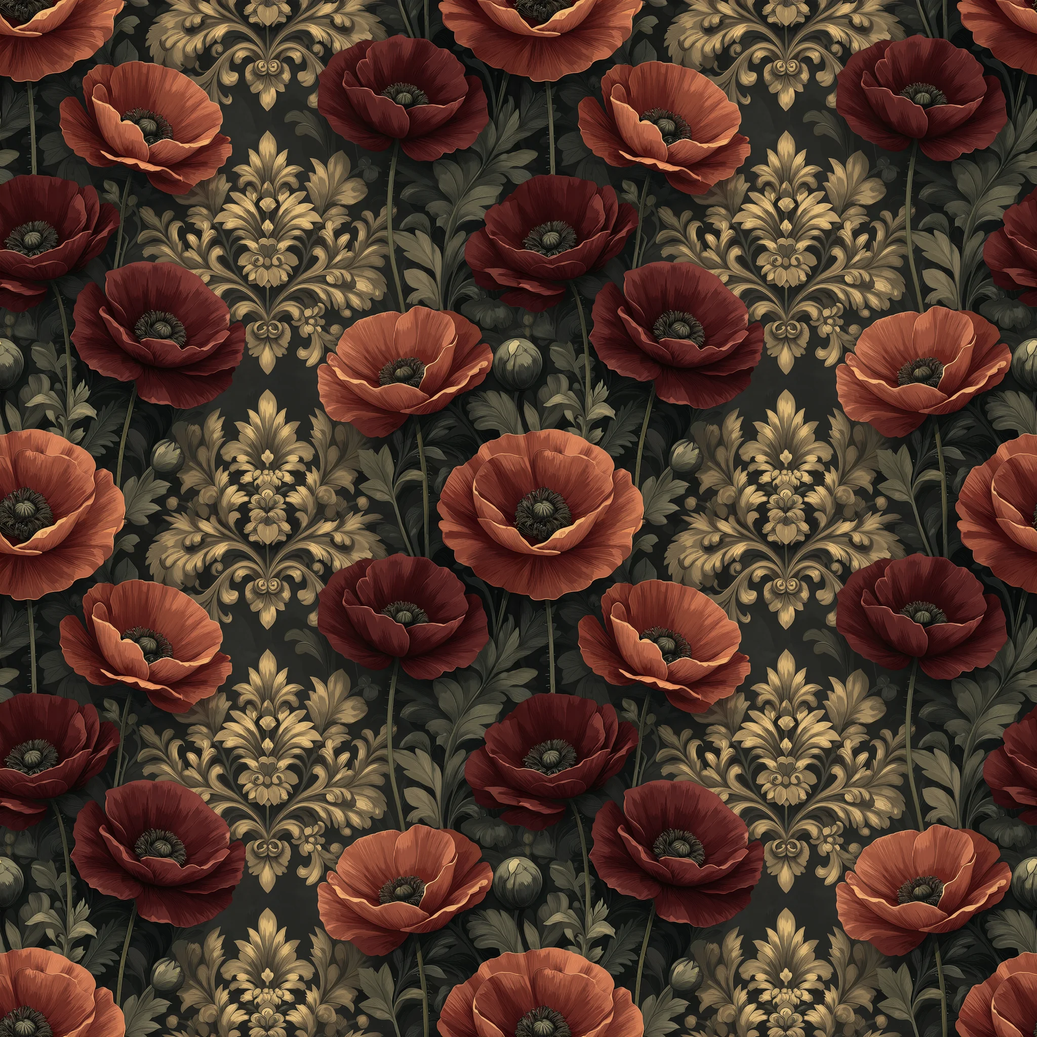 Seamless pattern of terracotta and burgundy poppies with ornate gold damask motifs on a dark charcoal background