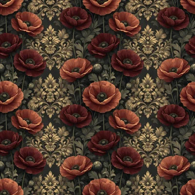 Seamless pattern of terracotta and burgundy poppies with ornate gold damask motifs on a dark charcoal background