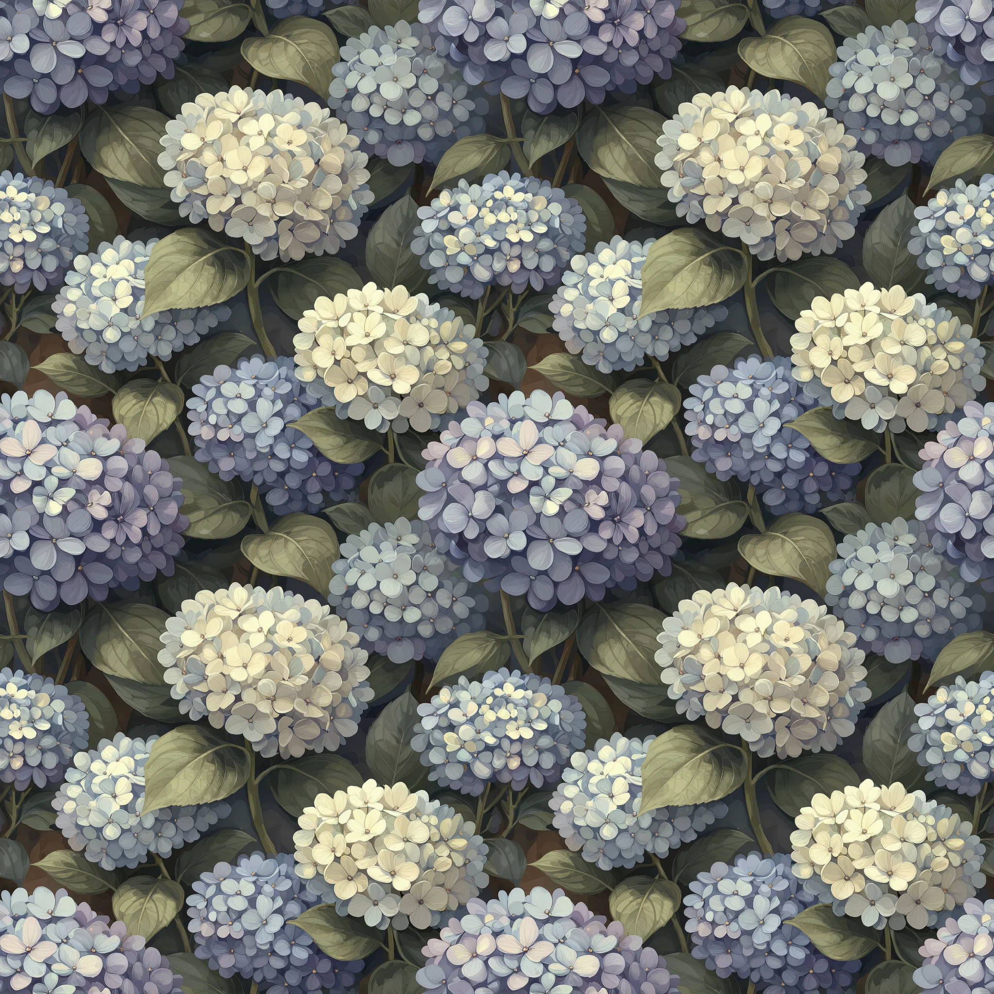 Seamless pattern of hand-painted hydrangea flowers in shades of dusty blue, lavender, and cream with sage green botanical leaves on a dark background