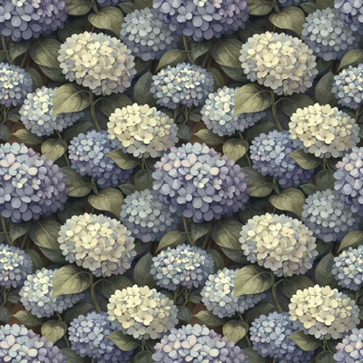 Seamless pattern of hand-painted hydrangea flowers in shades of dusty blue, lavender, and cream with sage green botanical leaves on a dark background