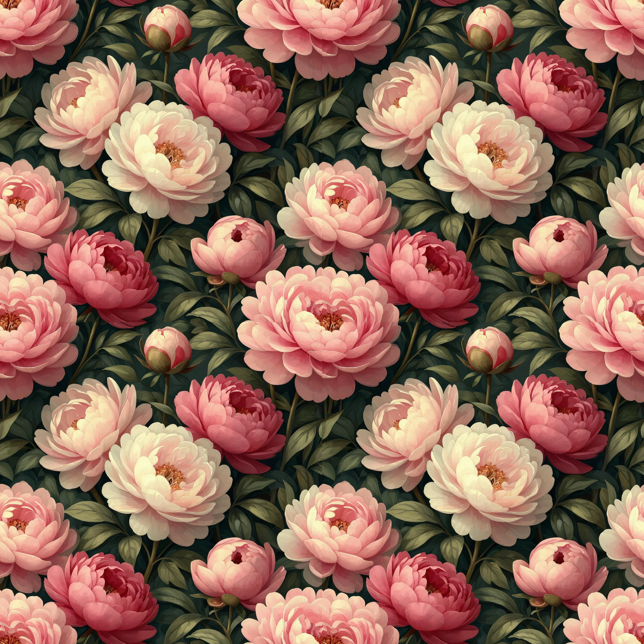 Seamless pattern of soft pink and cream peonies with dark green leaves on a deep teal background