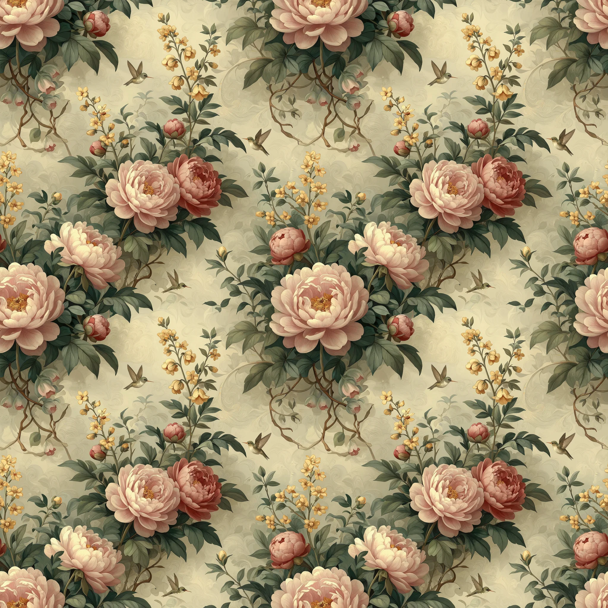 Vintage pink peonies with sage green leaves and small yellow flowers on a cream background, featuring hummingbirds in a seamless botanical pattern