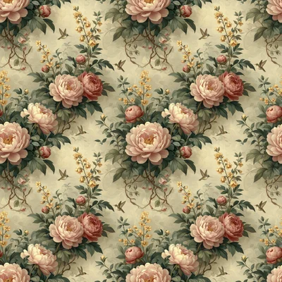 Vintage pink peonies with sage green leaves and small yellow flowers on a cream background, featuring hummingbirds in a seamless botanical pattern