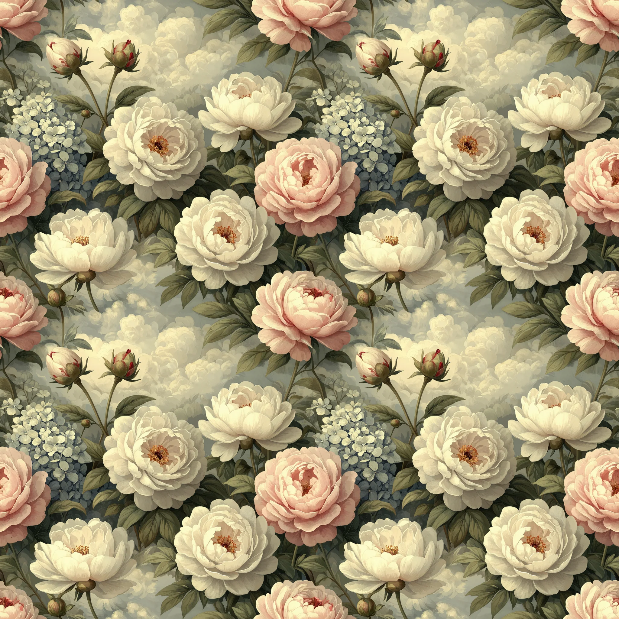 Seamless pattern of soft pink and cream peony flowers with sage green leaves against a cloudy blue sky background