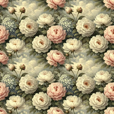 Seamless pattern of soft pink and cream peony flowers with sage green leaves against a cloudy blue sky background
