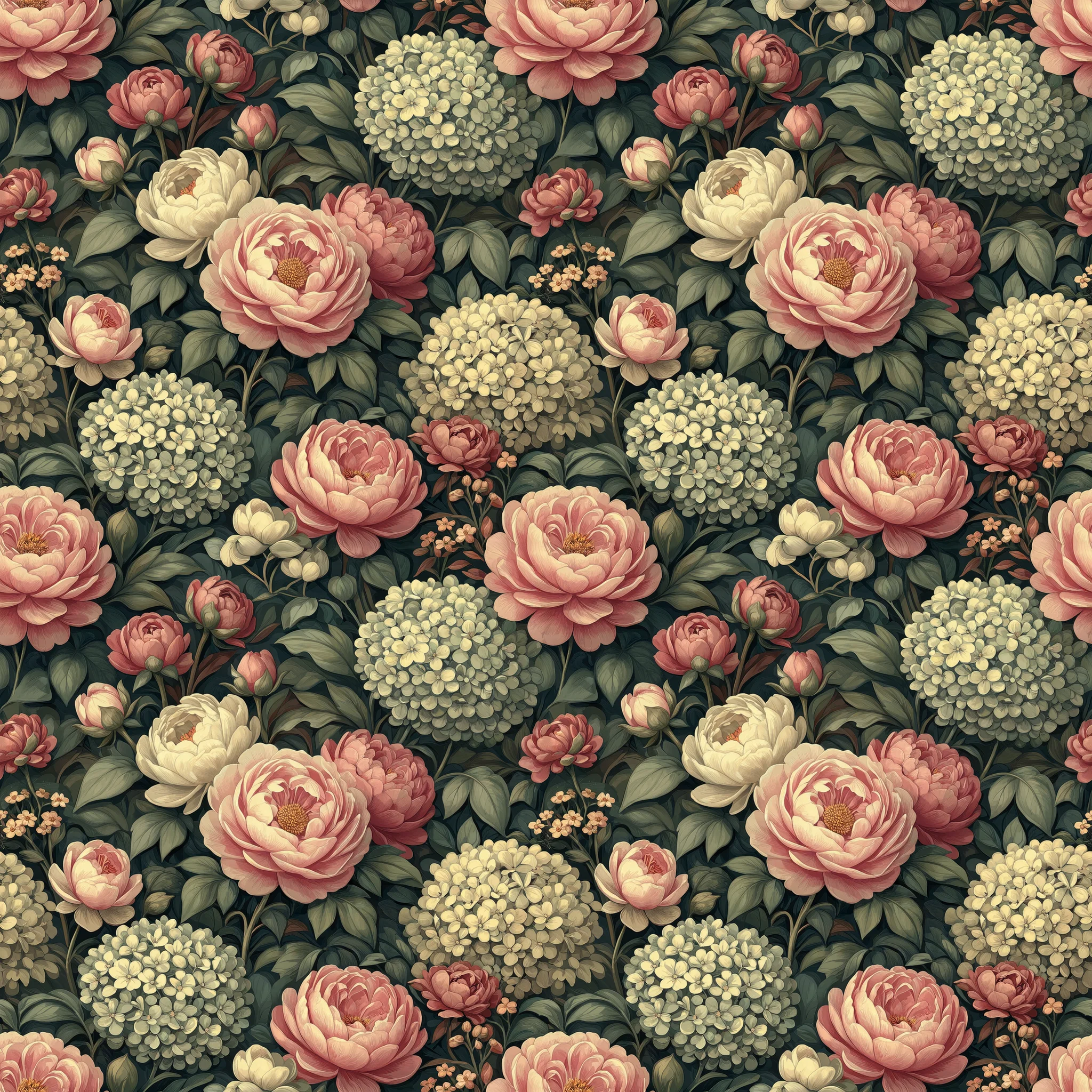 Seamless pattern of dusty pink peonies and cream hydrangeas with sage green leaves on a dark teal botanical background