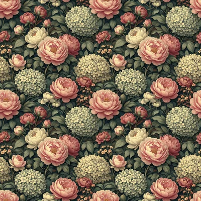 Seamless pattern of dusty pink peonies and cream hydrangeas with sage green leaves on a dark teal botanical background