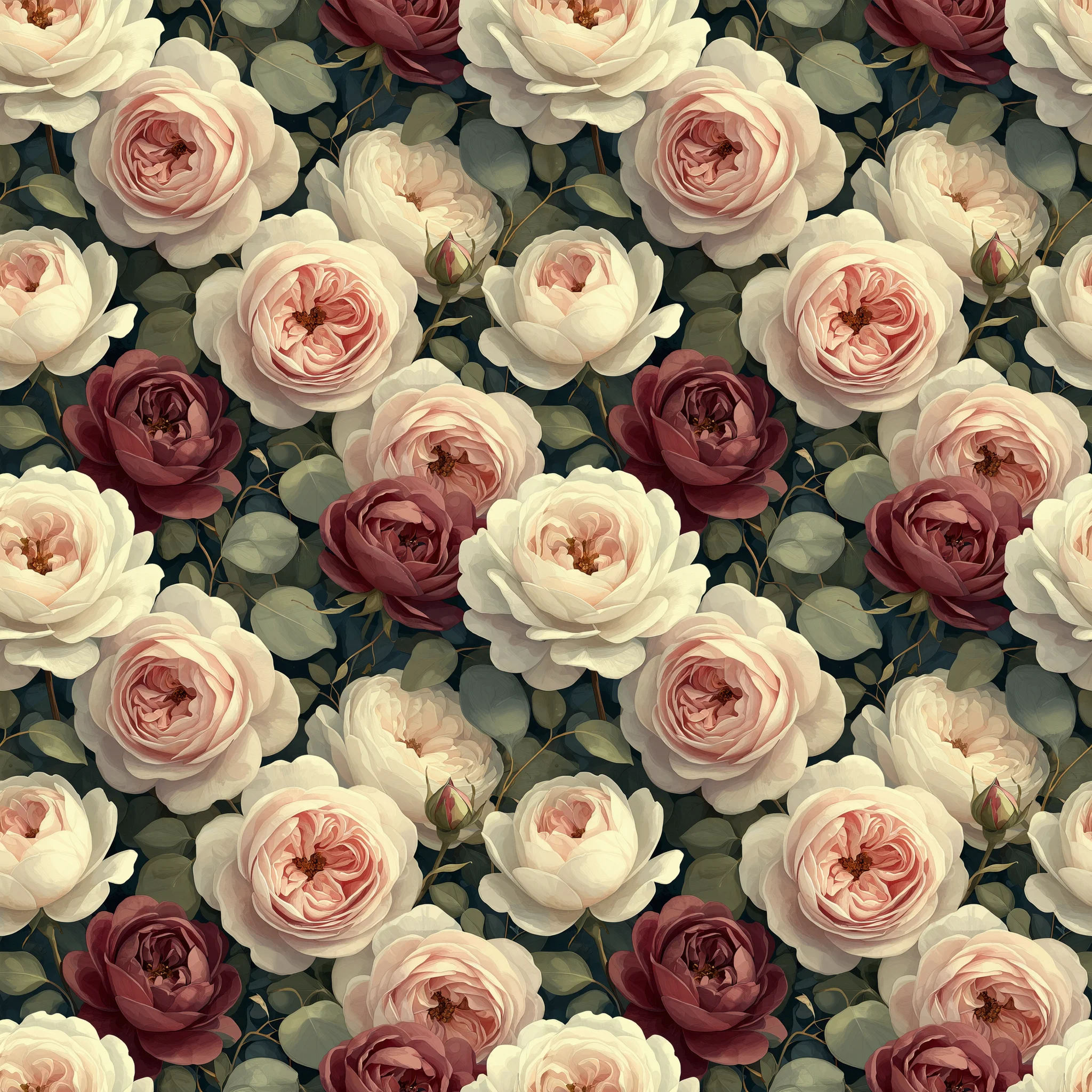 Seamless pattern of blush pink, ivory, and burgundy roses with sage green eucalyptus leaves on a dark teal background