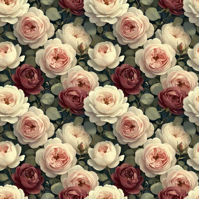 Seamless pattern of blush pink, ivory, and burgundy roses with sage green eucalyptus leaves on a dark teal background
