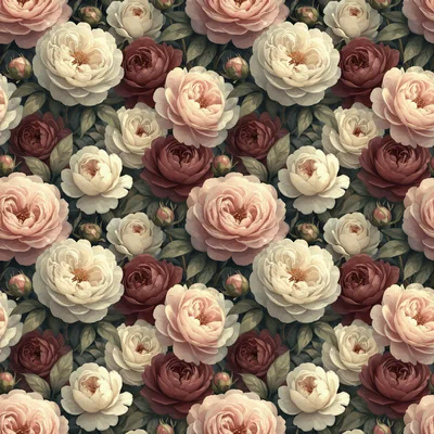 Seamless pattern of vintage roses and peonies in blush pink, cream, and burgundy with dark green leaves on a deep black-green background