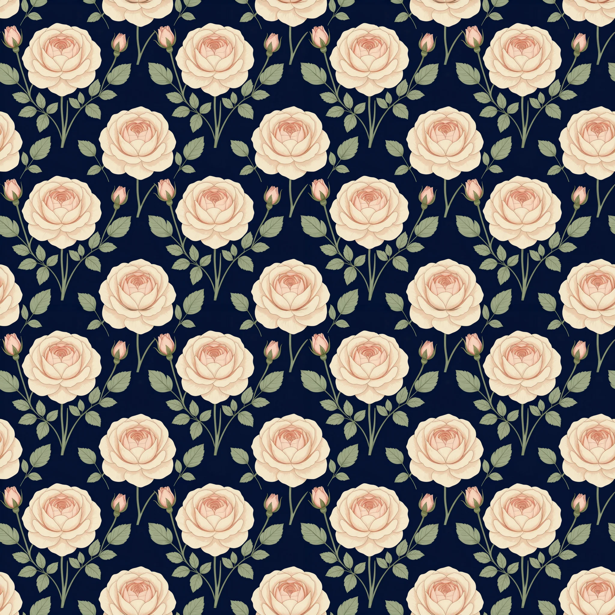 Cream colored vintage roses with sage green leaves on a dark navy blue background in a seamless repeating pattern