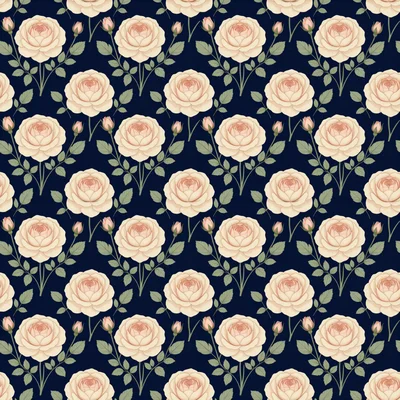 Cream colored vintage roses with sage green leaves on a dark navy blue background in a seamless repeating pattern