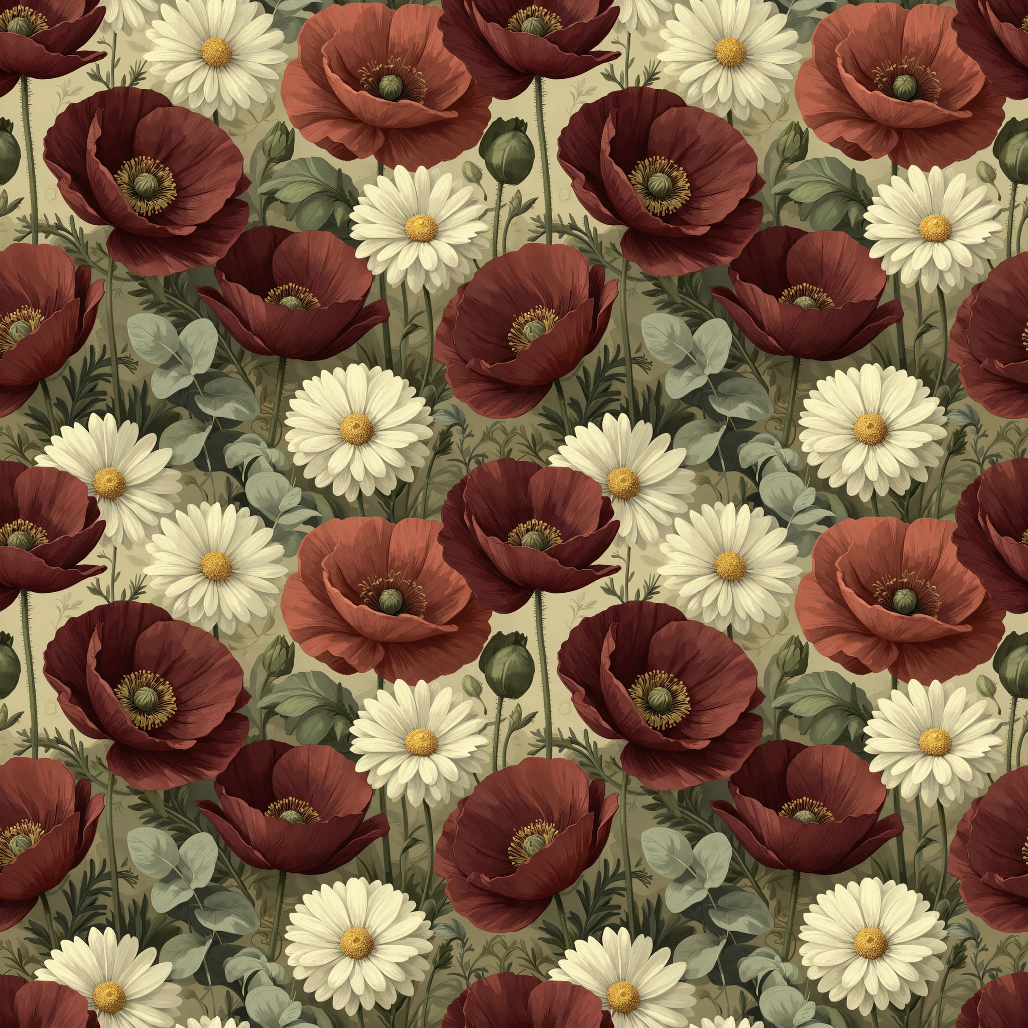 Seamless pattern of burgundy red poppies and white daisies with sage green leaves on a cream background