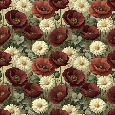 Seamless pattern of burgundy red poppies and white daisies with sage green leaves on a cream background