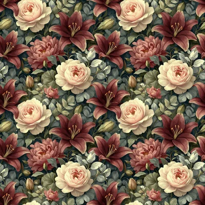 Seamless pattern of cream roses and burgundy lilies with sage green leaves on a dark teal background