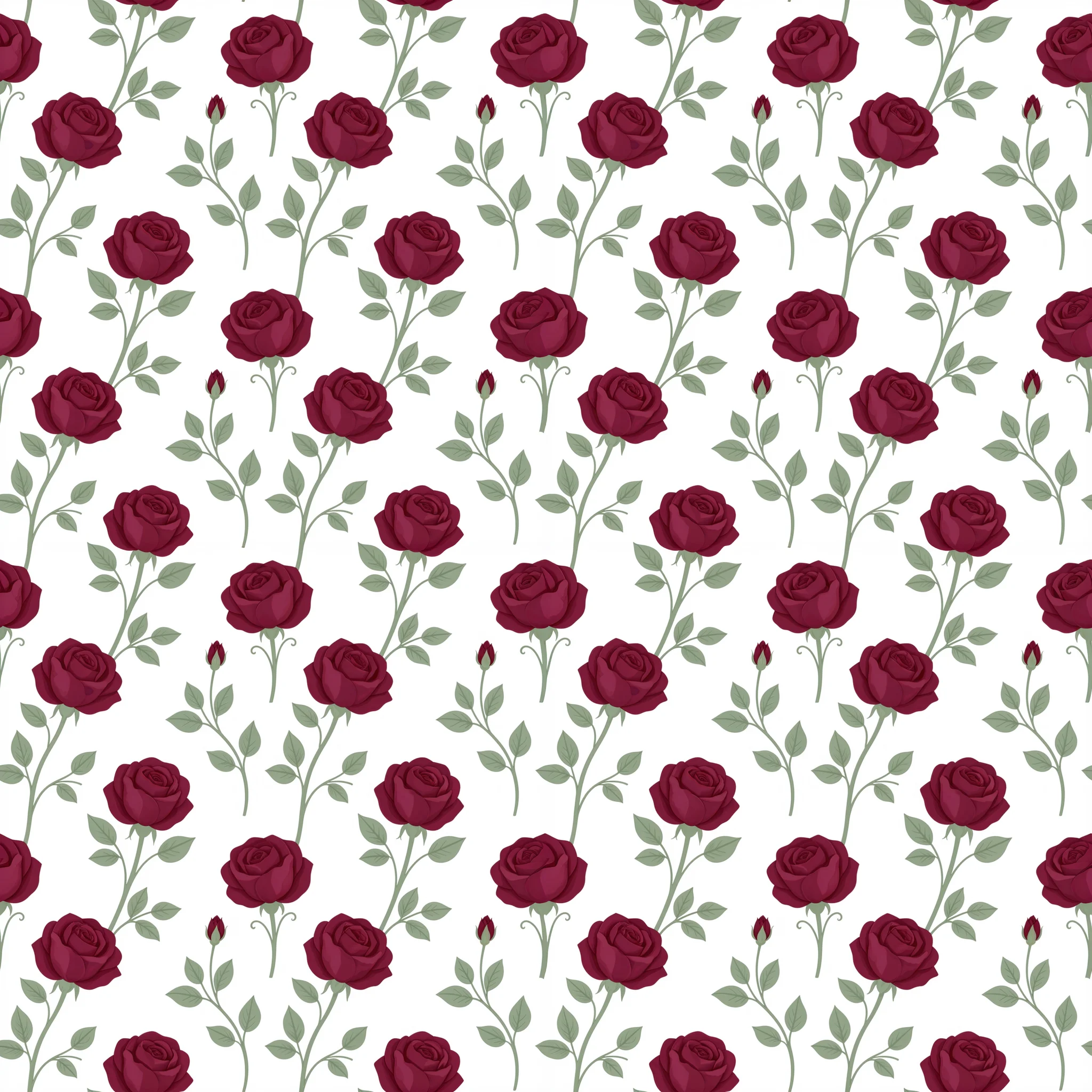 Burgundy red roses with sage green stems and leaves arranged in a seamless repeating pattern on a white background