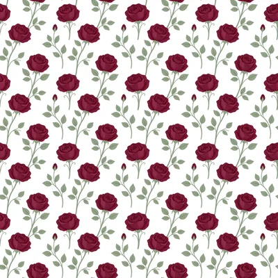 Burgundy red roses with sage green stems and leaves arranged in a seamless repeating pattern on a white background