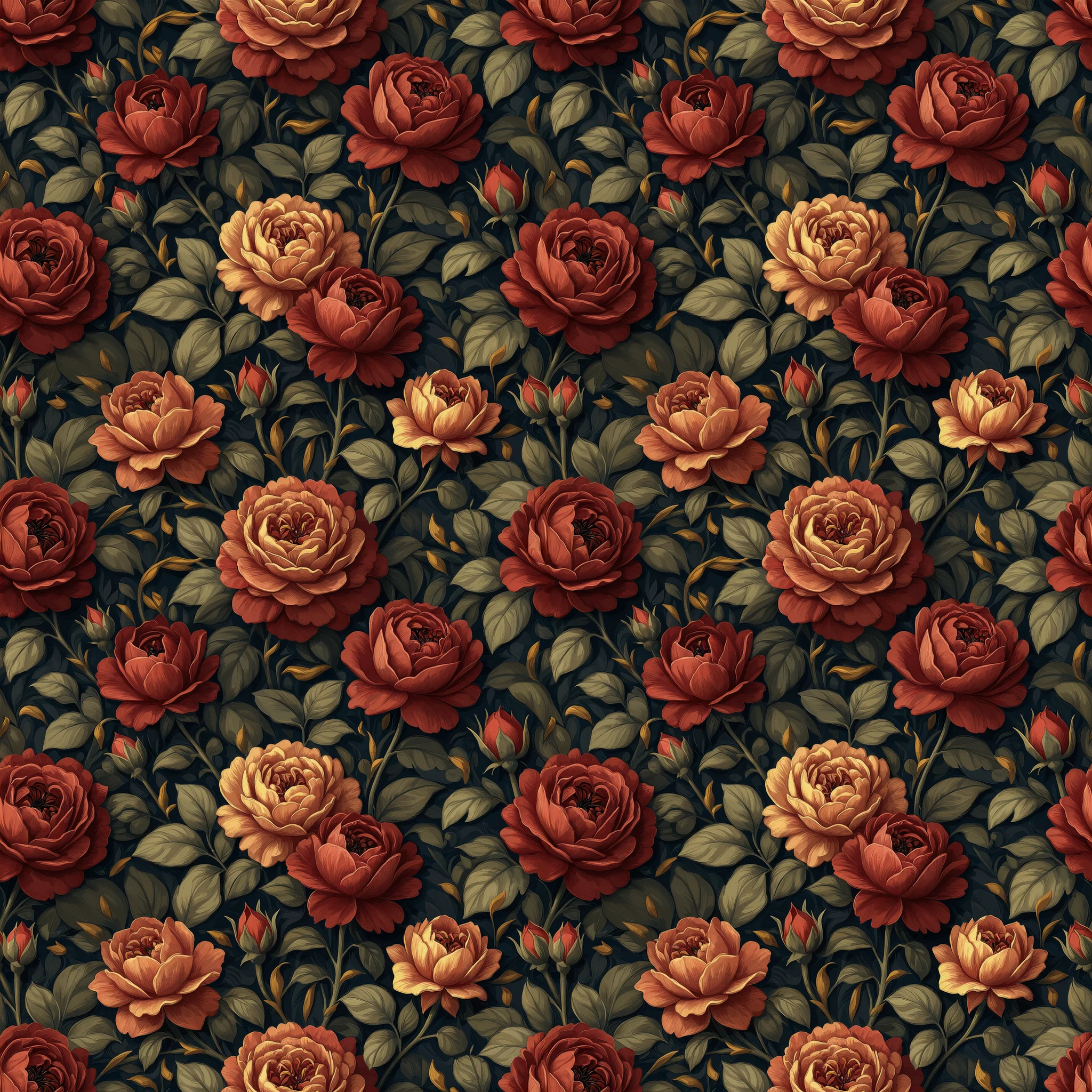 Seamless pattern of deep burgundy and golden vintage roses with sage green leaves on a dark navy background