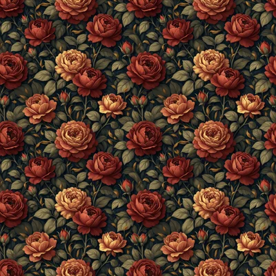 Seamless pattern of deep burgundy and golden vintage roses with sage green leaves on a dark navy background