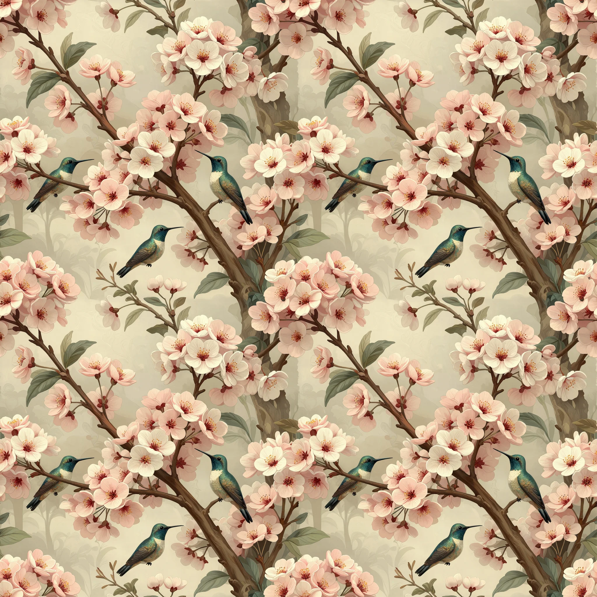 Soft pink cherry blossoms on brown branches with teal hummingbirds against a cream colored background, arranged in a seamless vintage botanical pattern