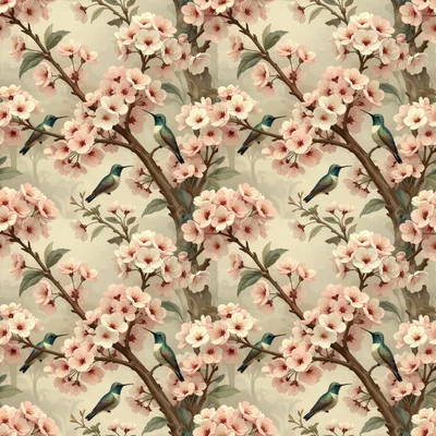 Soft pink cherry blossoms on brown branches with teal hummingbirds against a cream colored background, arranged in a seamless vintage botanical pattern