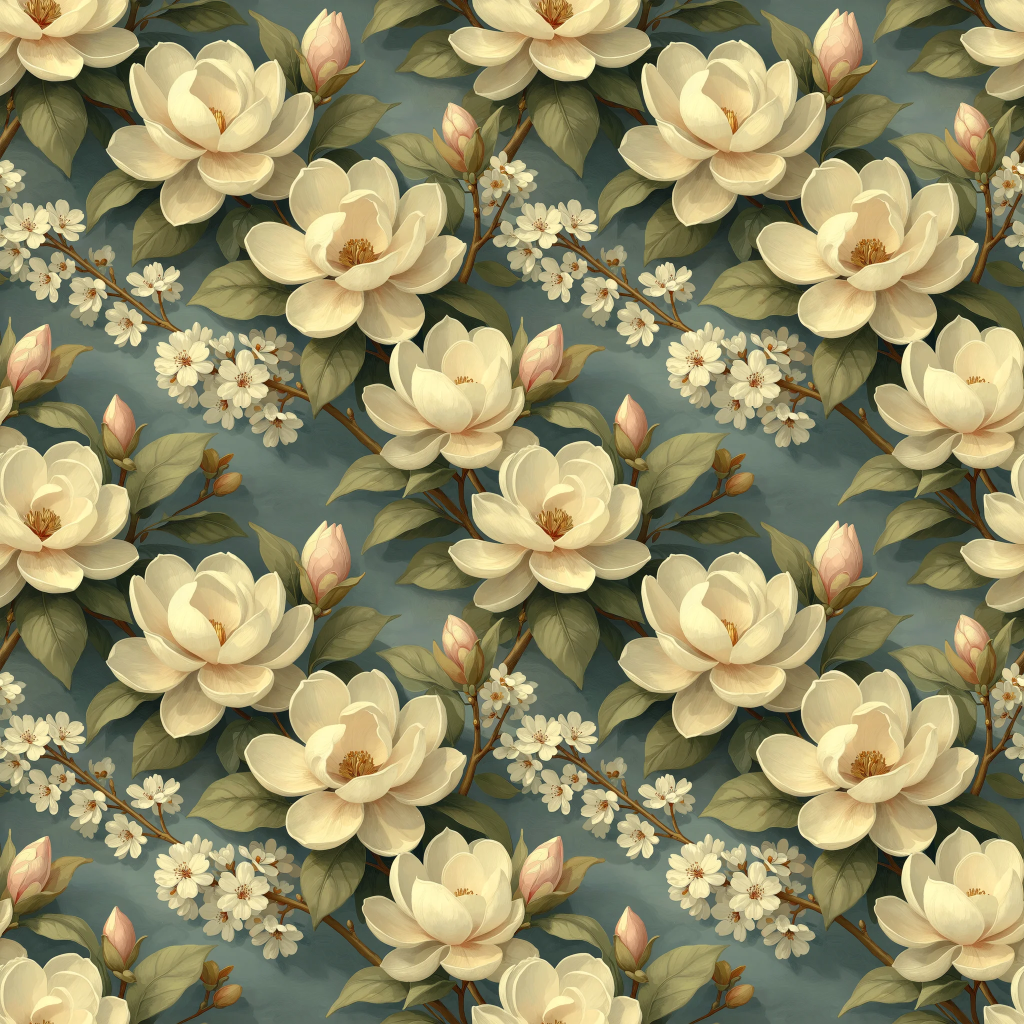 Seamless pattern of cream colored magnolia flowers with sage green leaves and pink buds on a dusty blue background