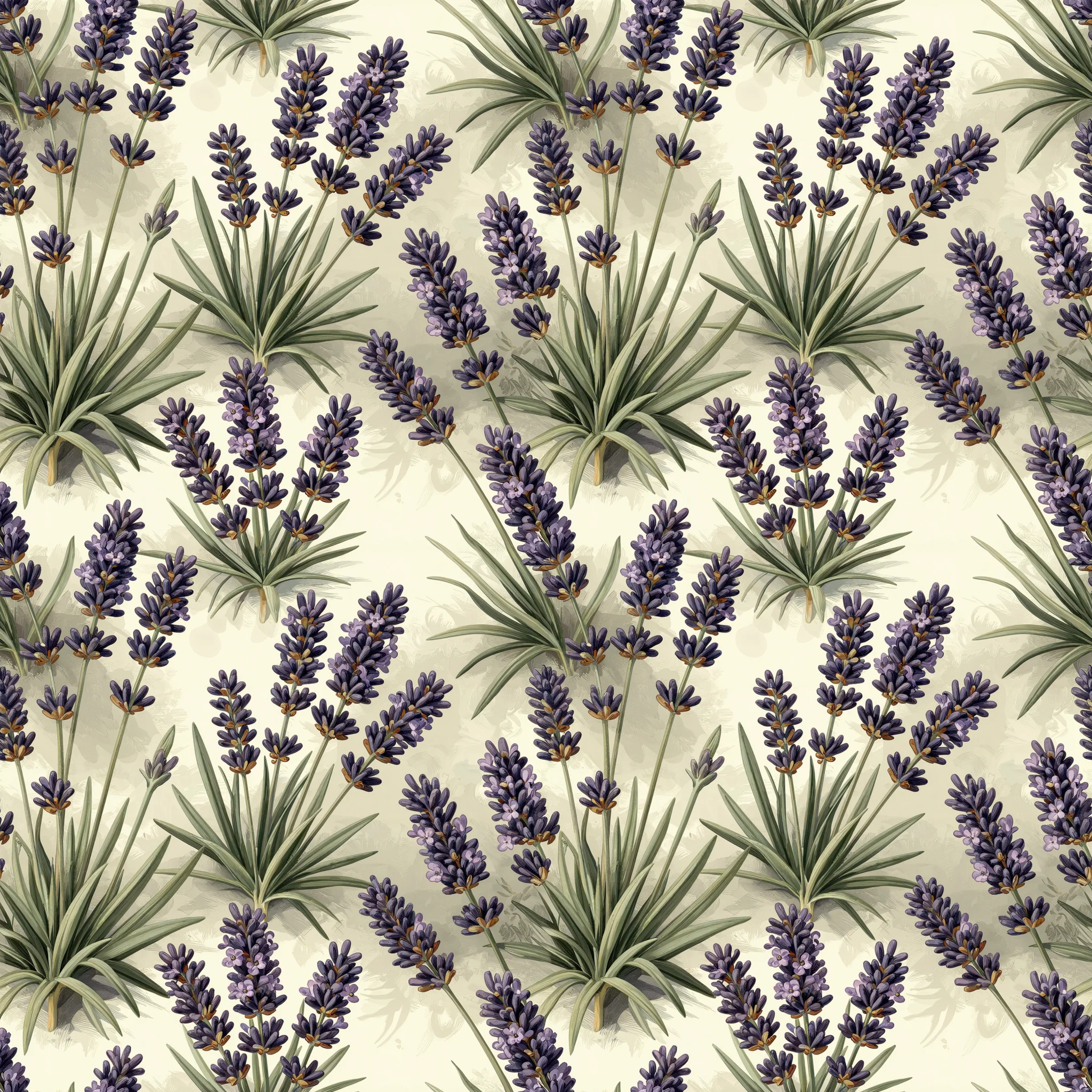 Vintage botanical illustration of purple lavender flower spikes with sage green foliage on a cream colored background