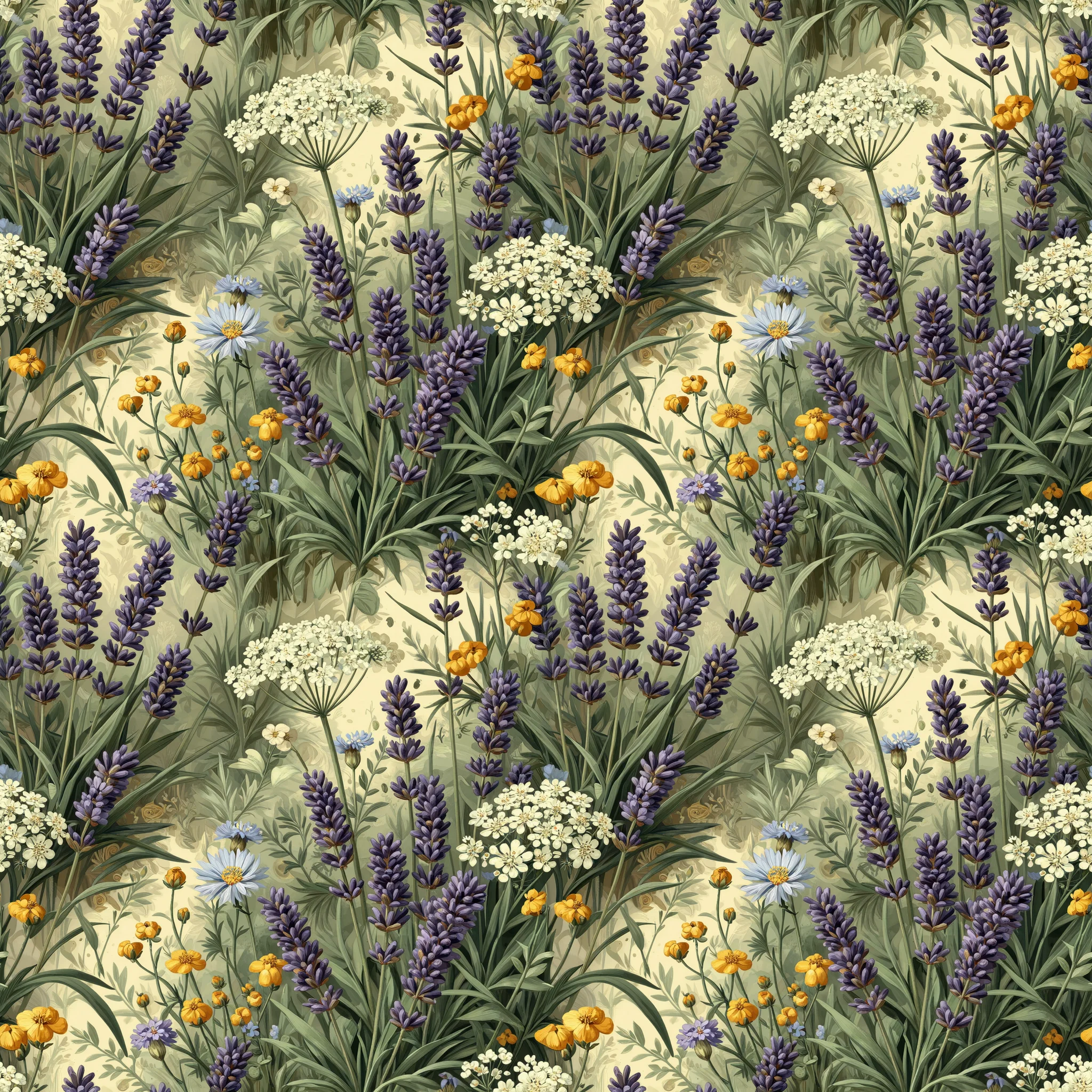 A vintage botanical seamless pattern featuring tall purple lavender spikes, delicate white Queen Anne's lace umbels, golden buttercups, and blue daisies intertwined with sage green foliage on a cream background