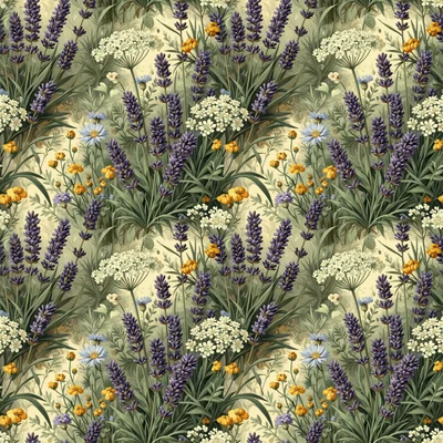 A vintage botanical seamless pattern featuring tall purple lavender spikes, delicate white Queen Anne's lace umbels, golden buttercups, and blue daisies intertwined with sage green foliage on a cream background