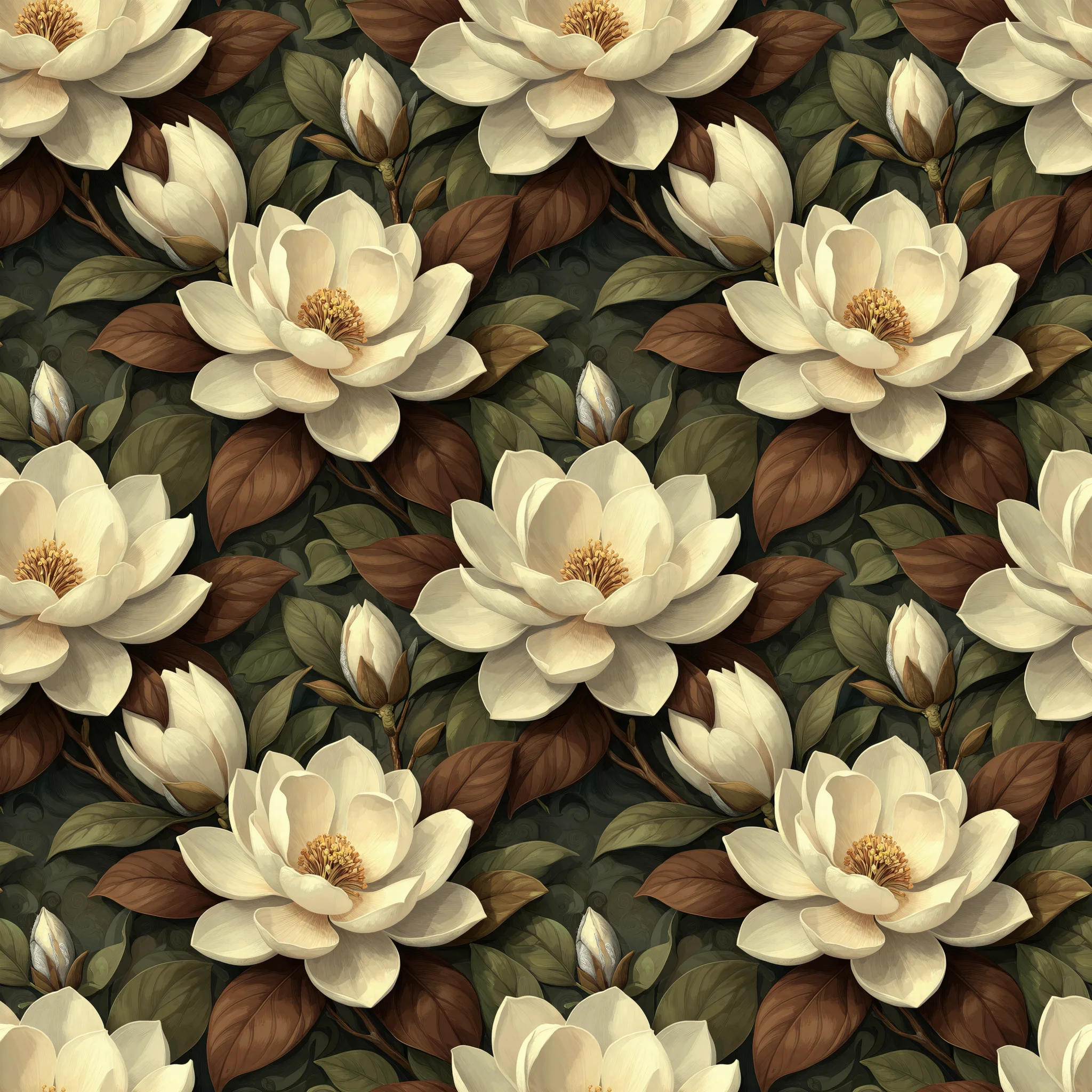 Seamless pattern of cream white magnolia flowers with golden yellow centers, surrounded by brown and dark green leaves on a deep forest green background