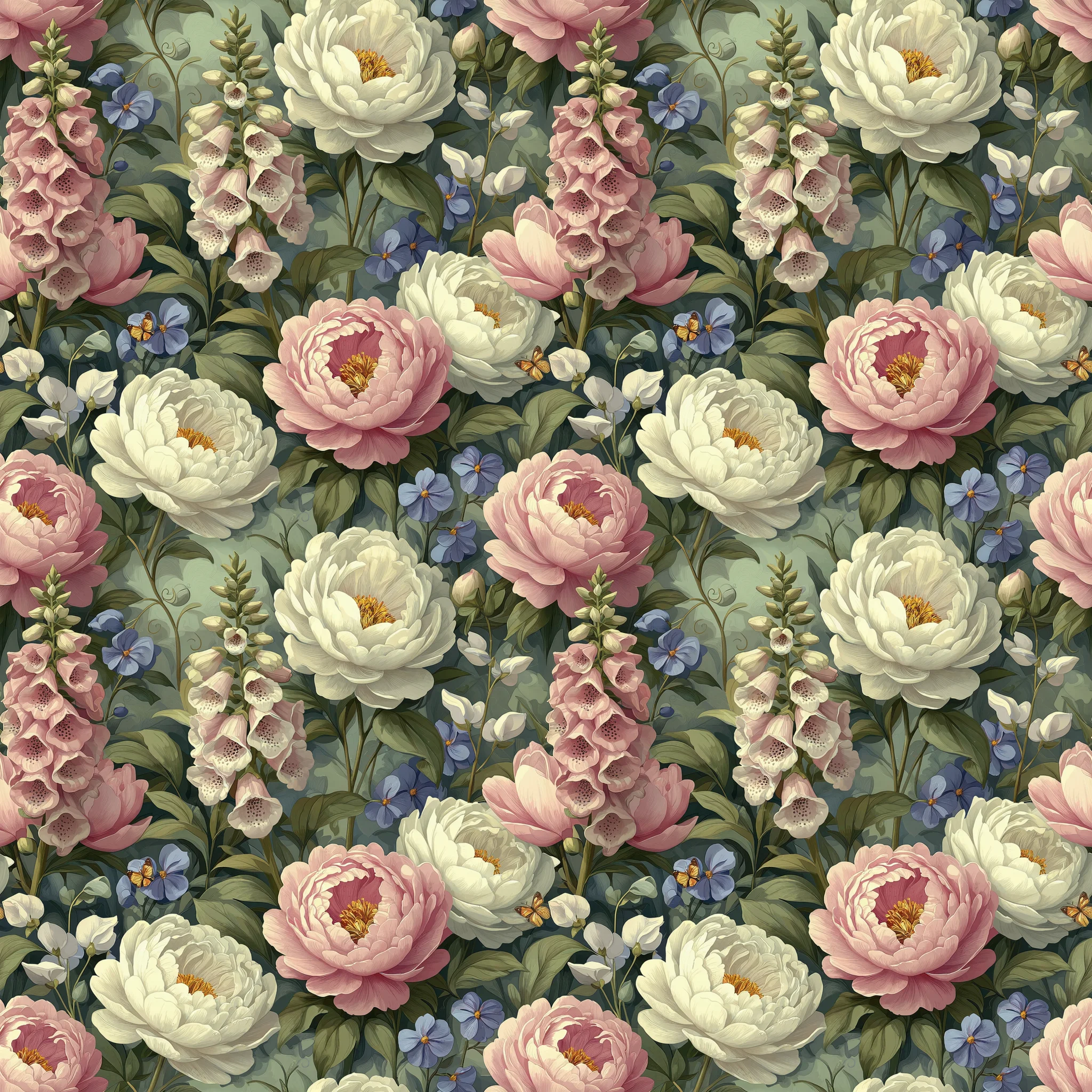 A seamless pattern of large pink and white peonies with pink foxgloves and small blue forget-me-not flowers scattered across a muted sage green background