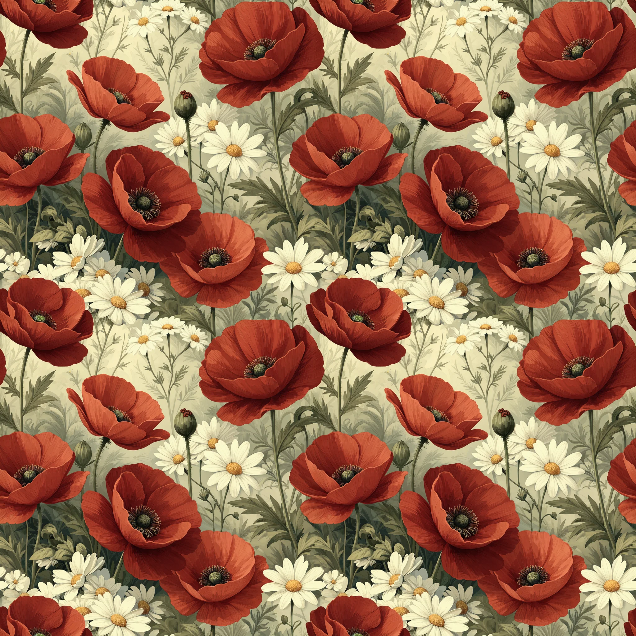 Seamless vintage botanical pattern featuring deep red poppies and white daisies with green foliage on a cream background